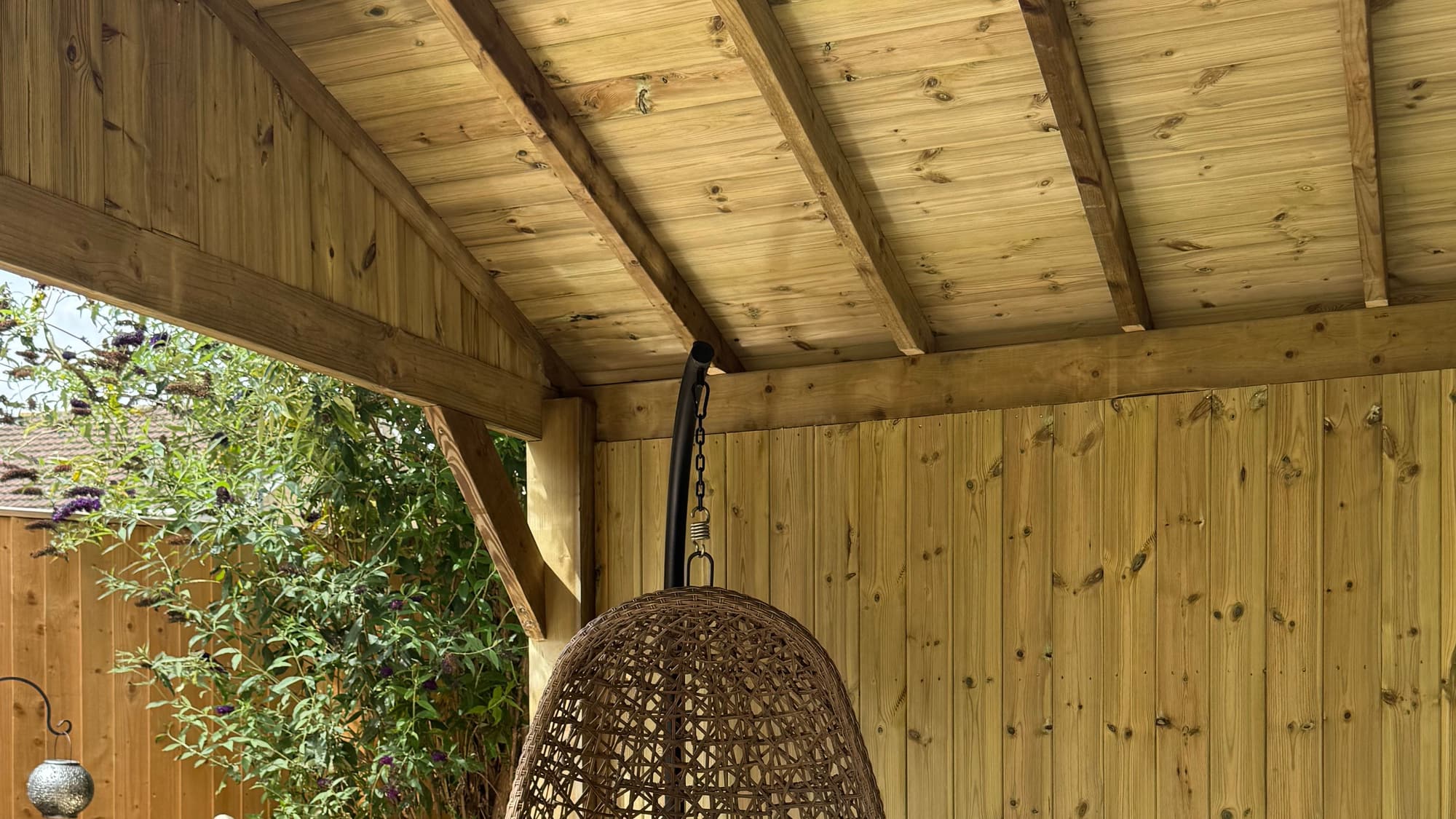 Handbuilt timber roof joinery inside a Countryside Outdoor Living gazebo