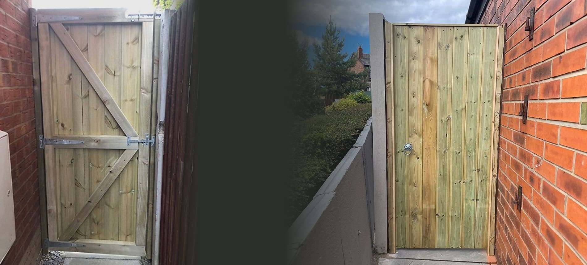 The back of a full-framed timber gate showing its diagonal bracing and hinges, beside the finished tongue and grooved gate set into a brick wall