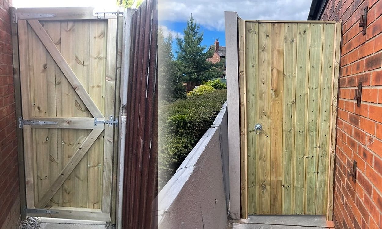The back of a full-framed timber gate showing diagonal bracing and hinges, beside the finished tongue and grooved gate